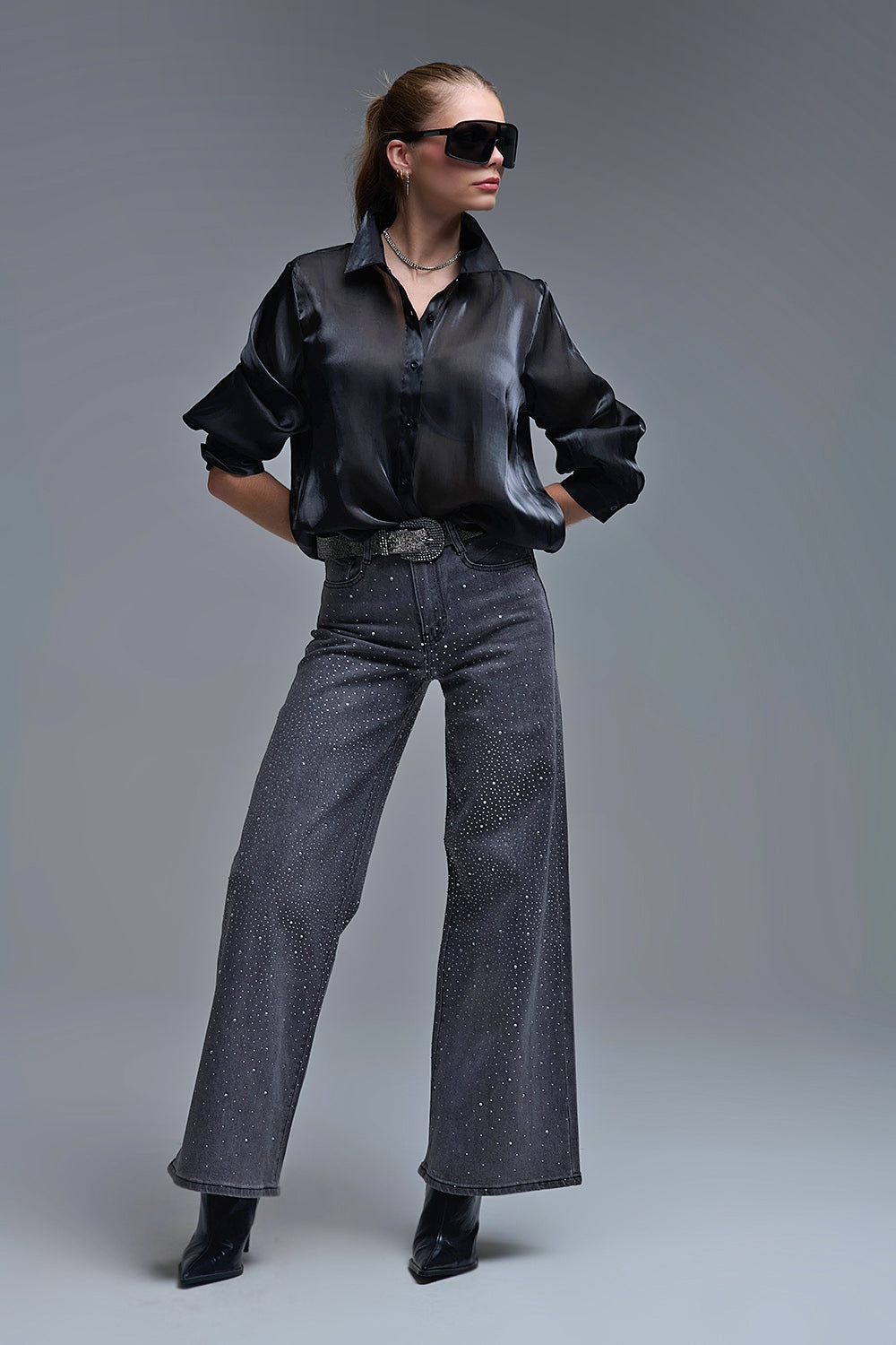 Elegant Black Shirt in Satin Silk - Shirts