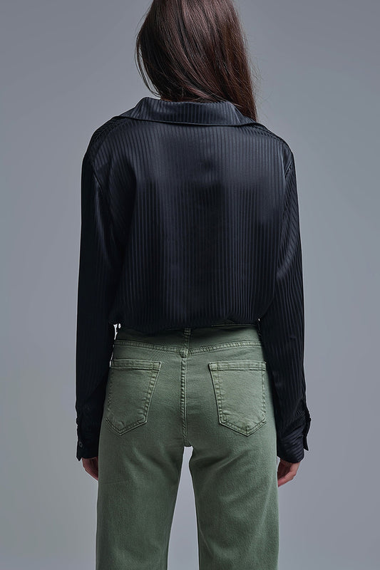 Elegant Black Striped Satin Shirt - Shirts