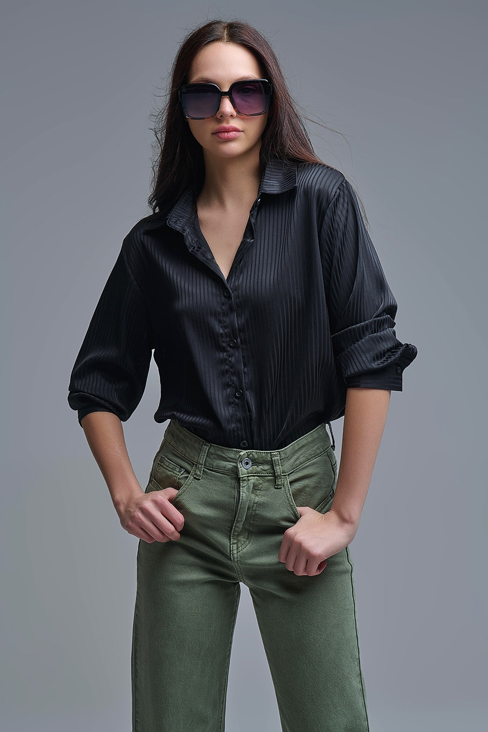 Elegant Black Striped Satin Shirt - Shirts