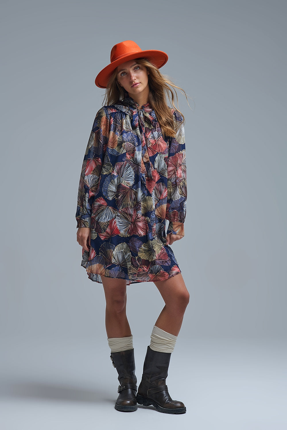 Elegant Floral A-Line Tie Neck Dress - Dresses