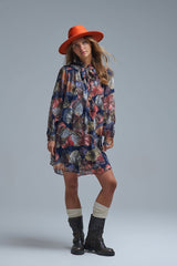 Robe trapèze élégante à fleurs et col noué