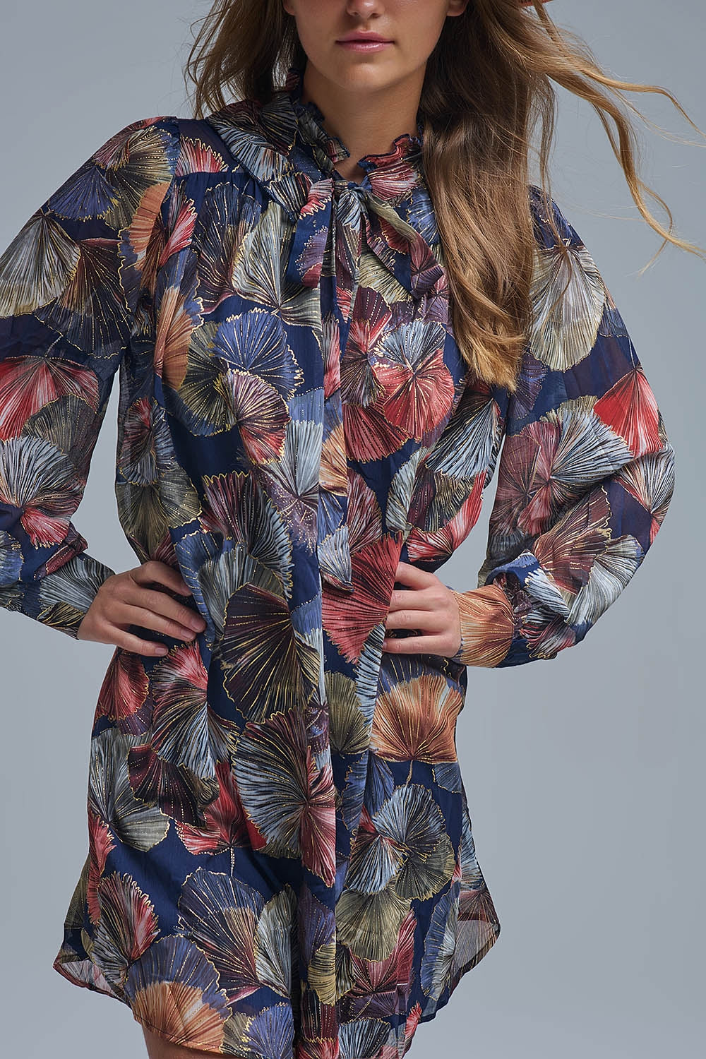 Elegant Floral A-Line Tie Neck Dress - Dresses