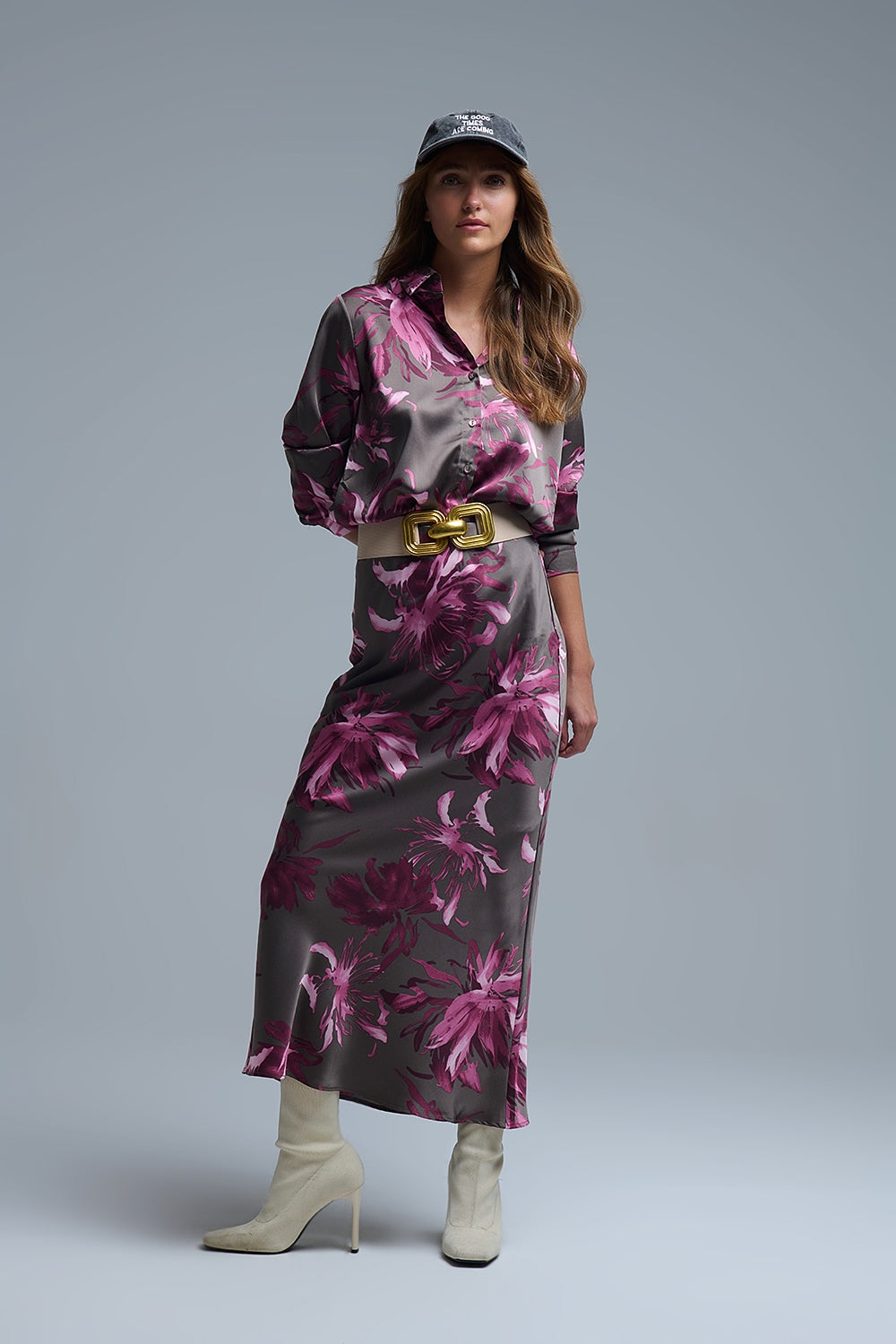 Elegant Floral Midi Skirt made in satin grey - Skirts