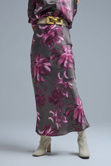Elegant Floral Midi Skirt made in satin grey