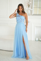 Bicotone Elegant One-Shoulder Dress with Floral Detail