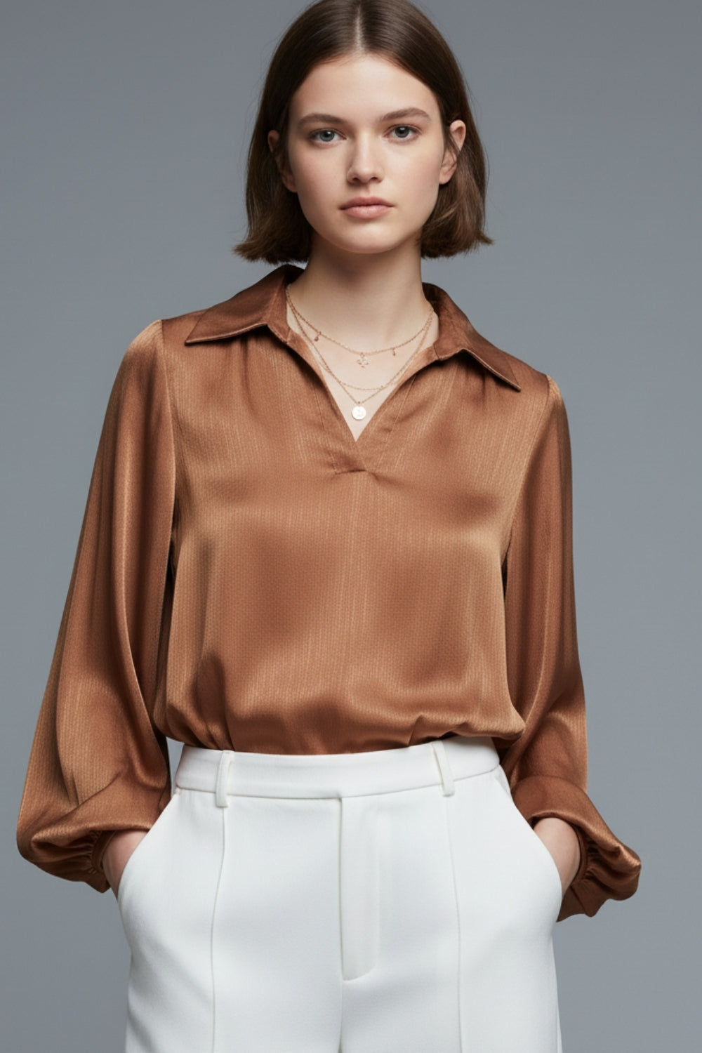 Elegant shiny Satin Cropped top in camel - Blouses