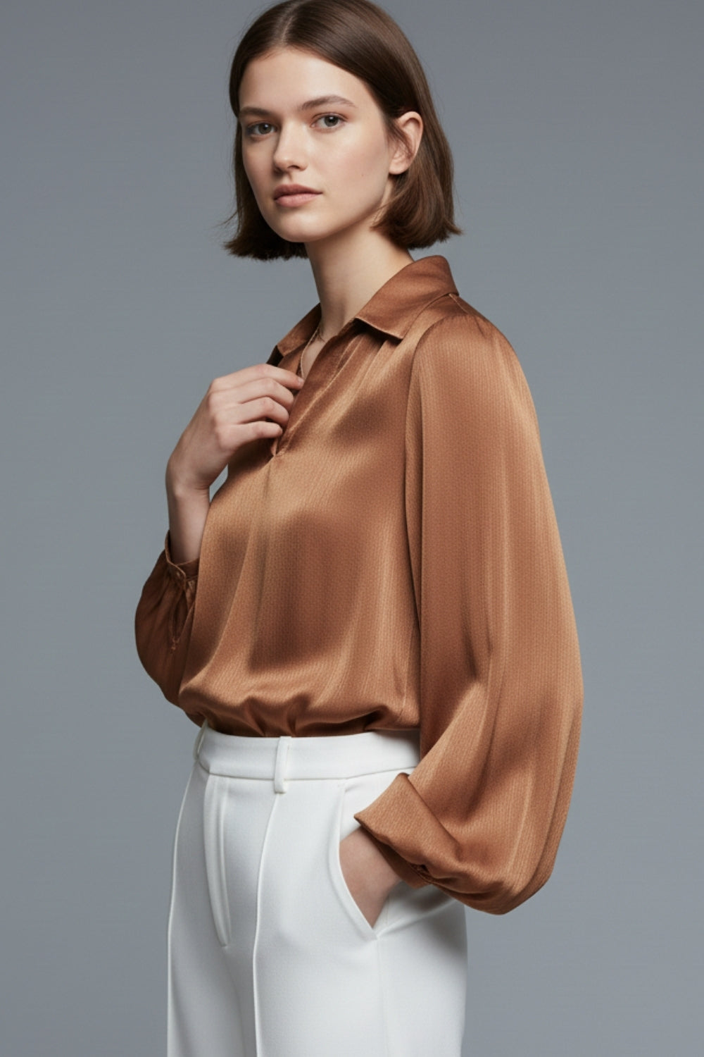 Elegant shiny Satin Cropped top in camel - Blouses