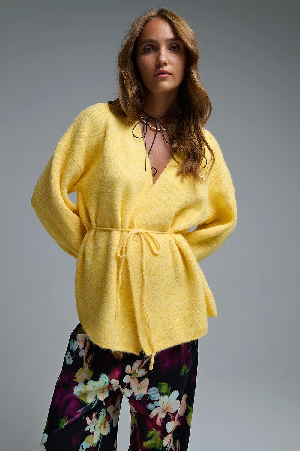 Elegant Yellow Wrap Knitted Cardigan - Sweaters