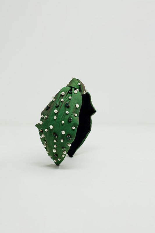 Embellished Headband With White And Green Jewells With Knot in The Middle - Headbands