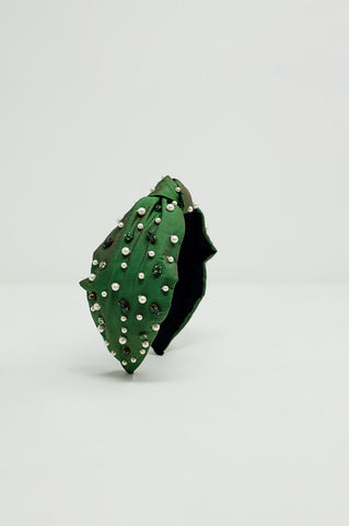 Embellished Headband With White And Green Jewells With Knot in The Middle