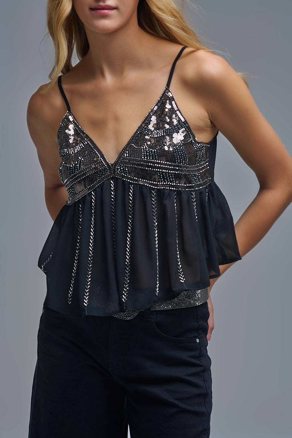 Embellished Sequin Camisole Top in black - Tops