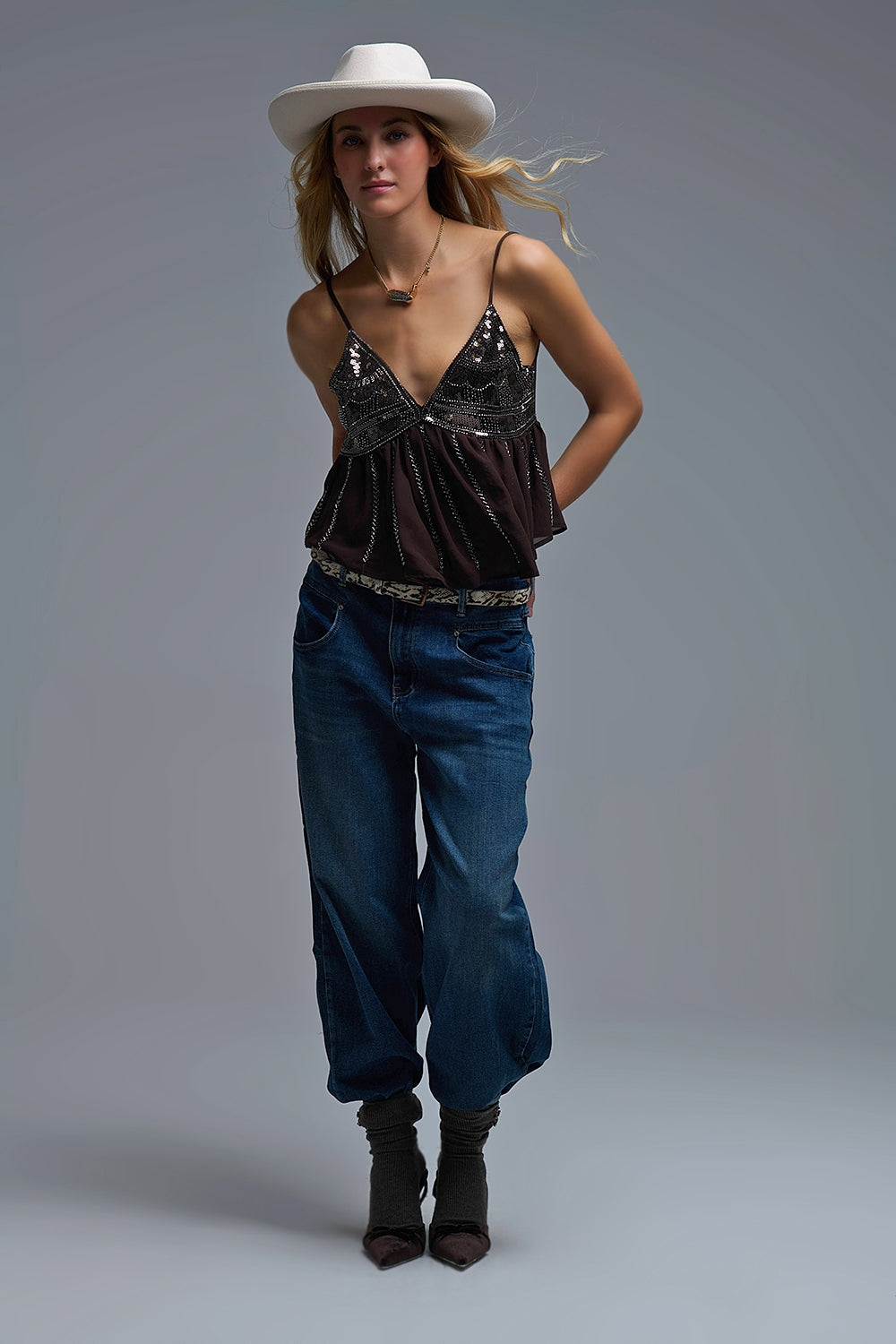 Embellished Sequin Camisole Top in brown - Tops