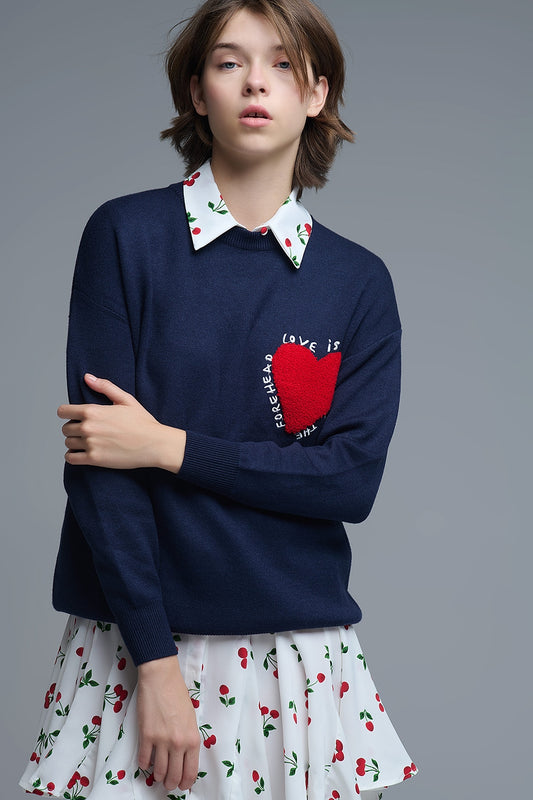 Embroidered Heart knitted jumper With Text in Navy - Sweaters