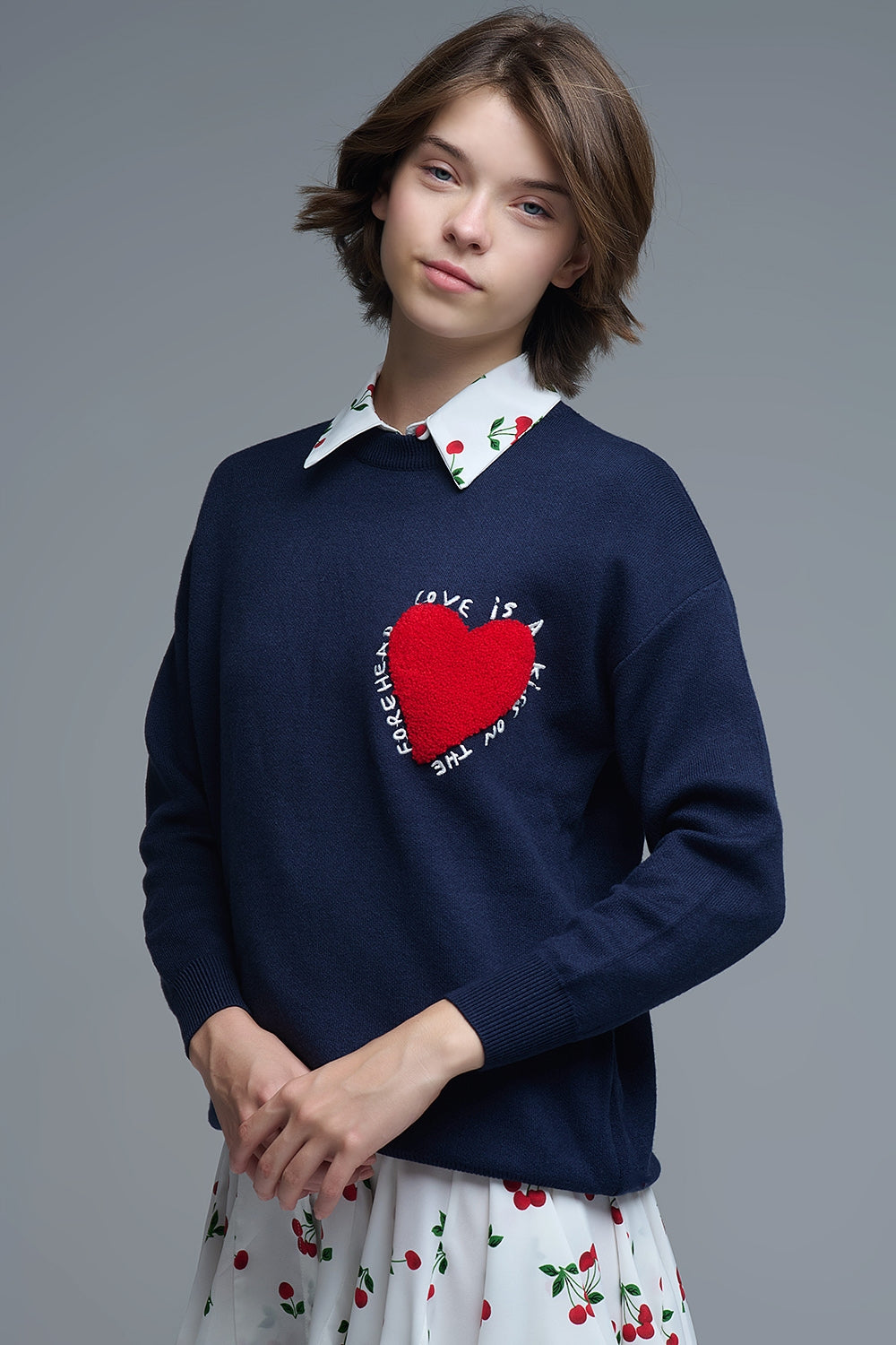 Embroidered Heart knitted jumper With Text in Navy - Sweaters
