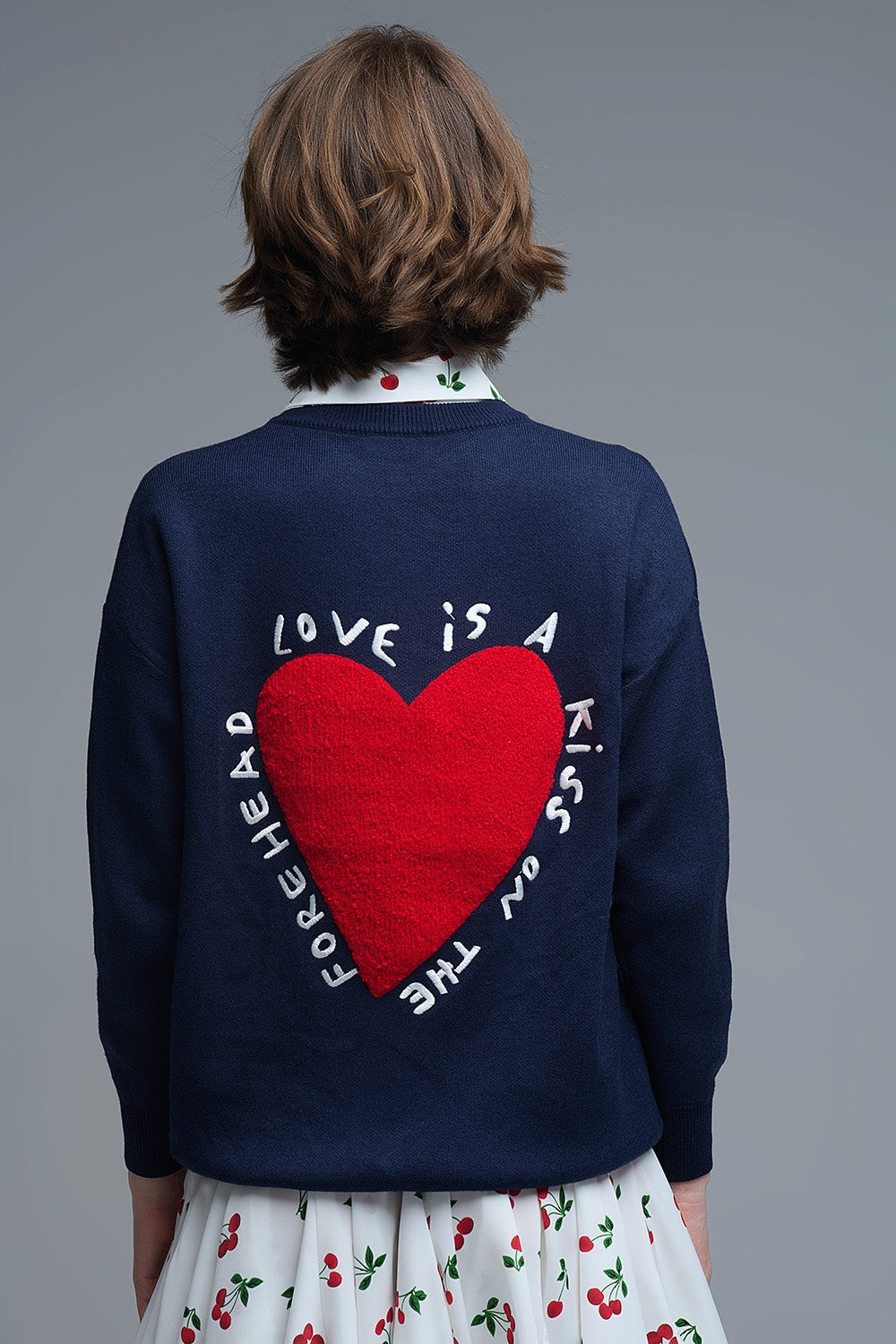 Embroidered Heart knitted jumper With Text in Navy - Sweaters