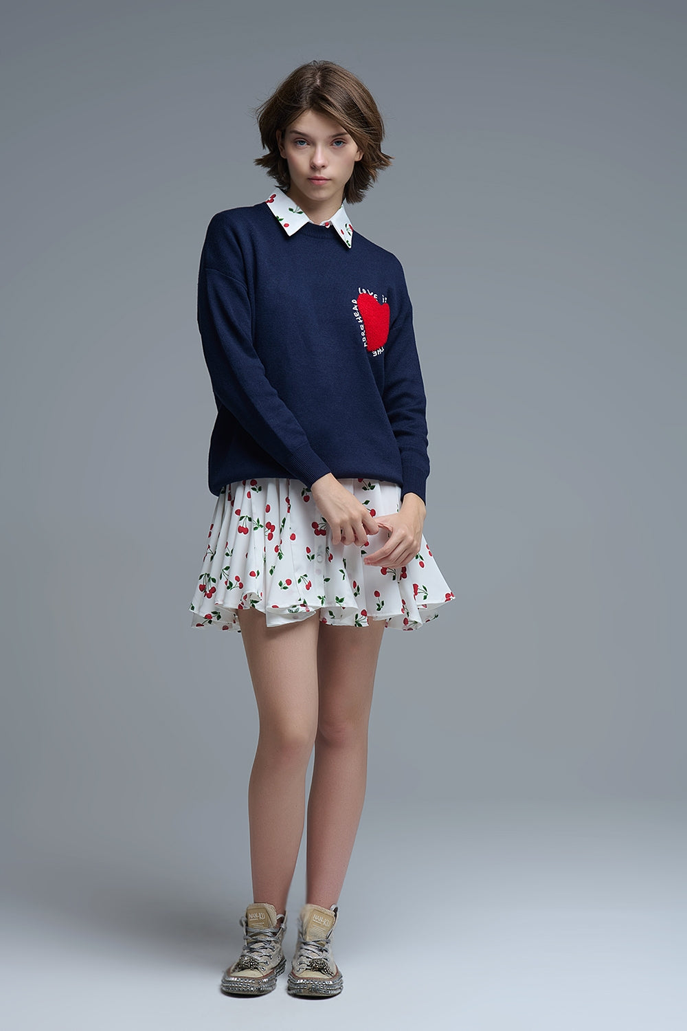 Embroidered Heart knitted jumper With Text in Navy - Sweaters