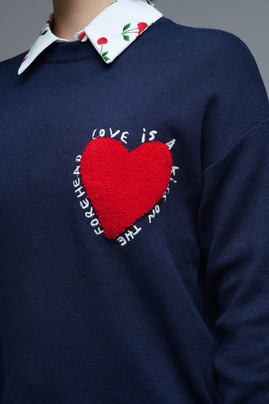Embroidered Heart knitted jumper With Text in Navy - Sweaters