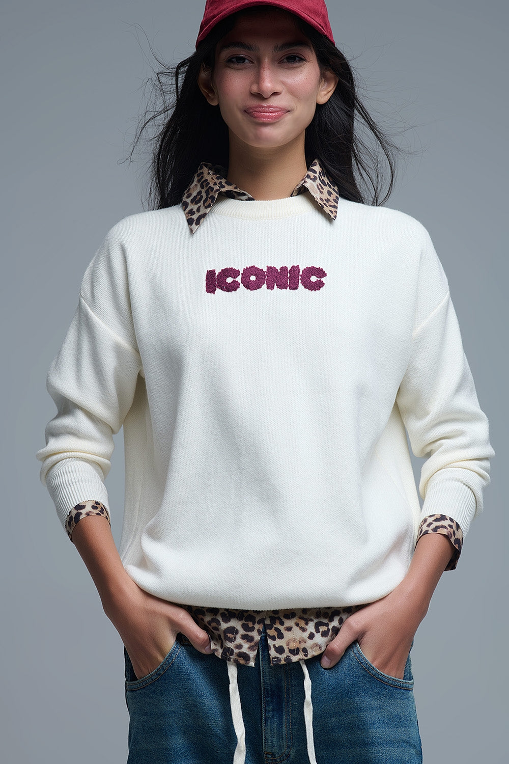 Embroidered ICONIC Sweater with Global Tour Back Print in Cream - Sweaters