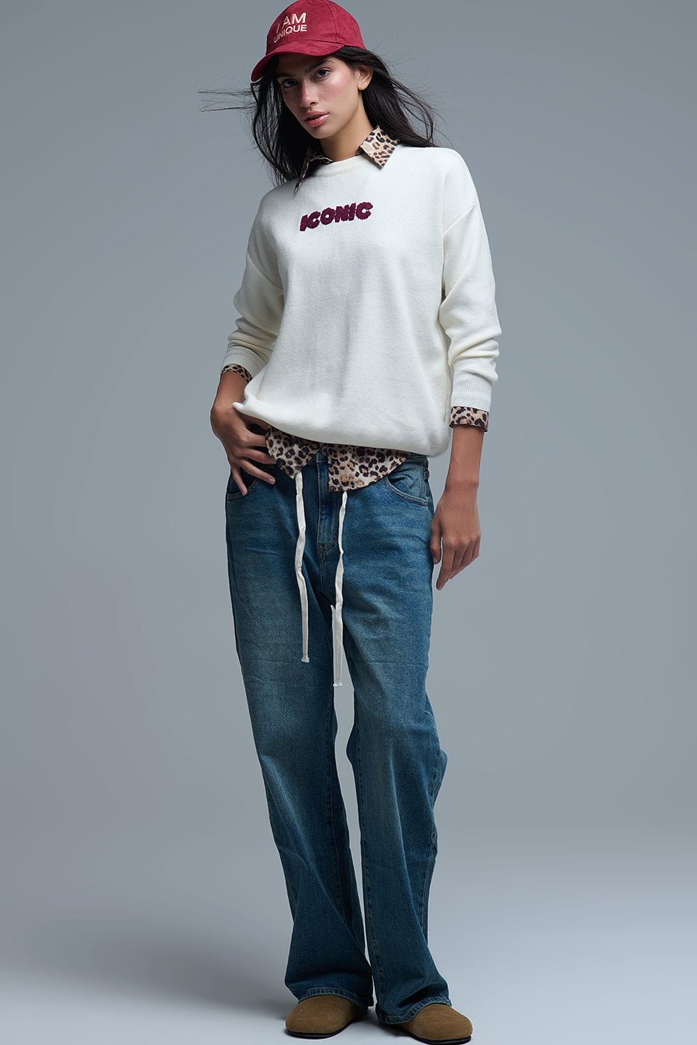 Embroidered ICONIC Sweater with Global Tour Back Print in Cream - Sweaters