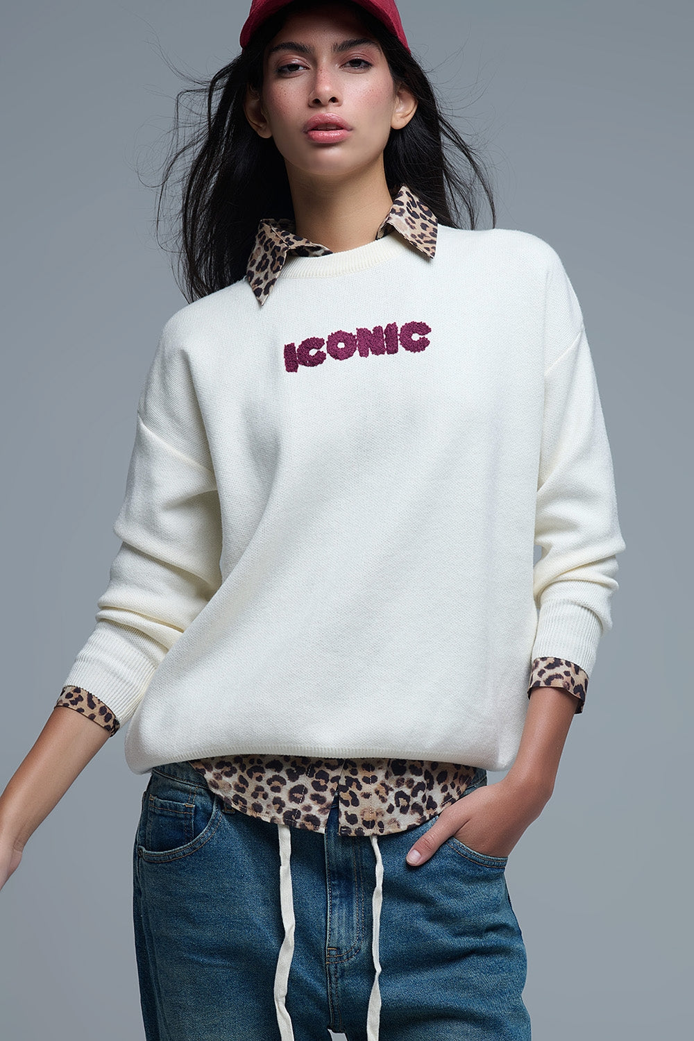 Embroidered ICONIC Sweater with Global Tour Back Print in Cream - Sweaters