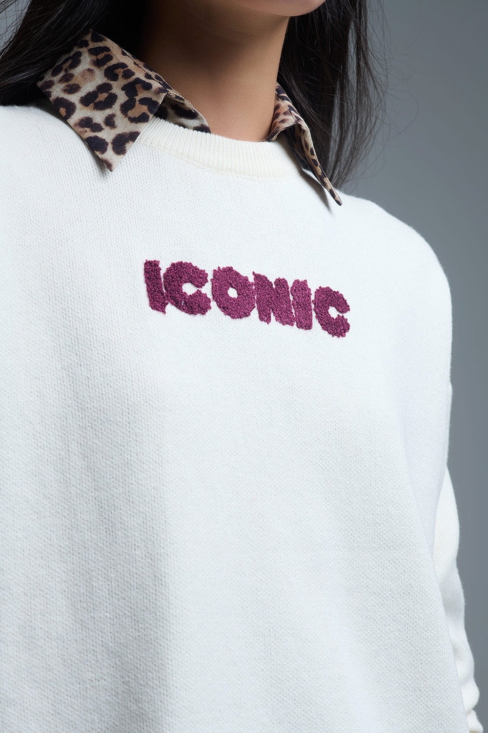 Embroidered ICONIC Sweater with Global Tour Back Print in Cream - Sweaters