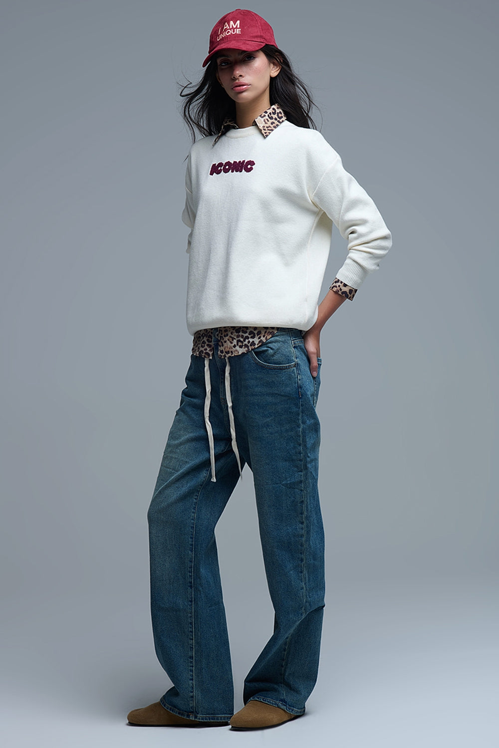 Embroidered ICONIC Sweater with Global Tour Back Print in Cream - Sweaters