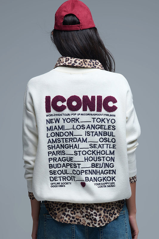 Embroidered ICONIC Sweater with Global Tour Back Print in Cream - Sweaters