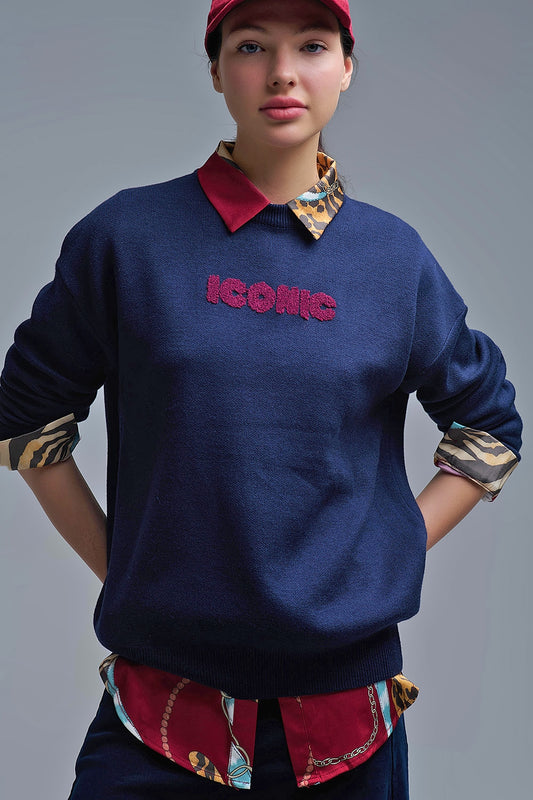 Embroidered ICONIC Sweater with Global Tour Back Print in Navy - Sweaters