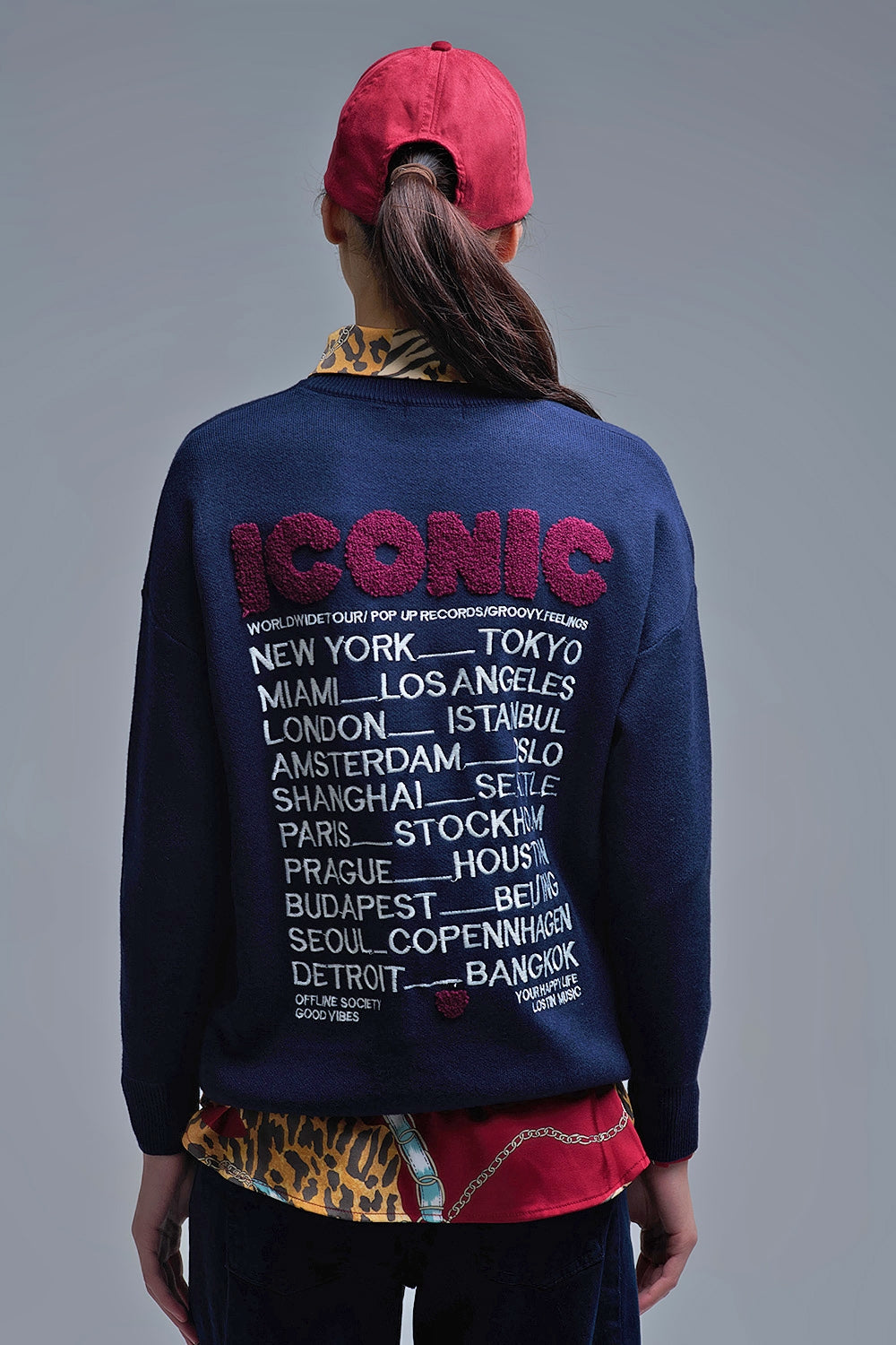 Embroidered ICONIC Sweater with Global Tour Back Print in Navy - Sweaters