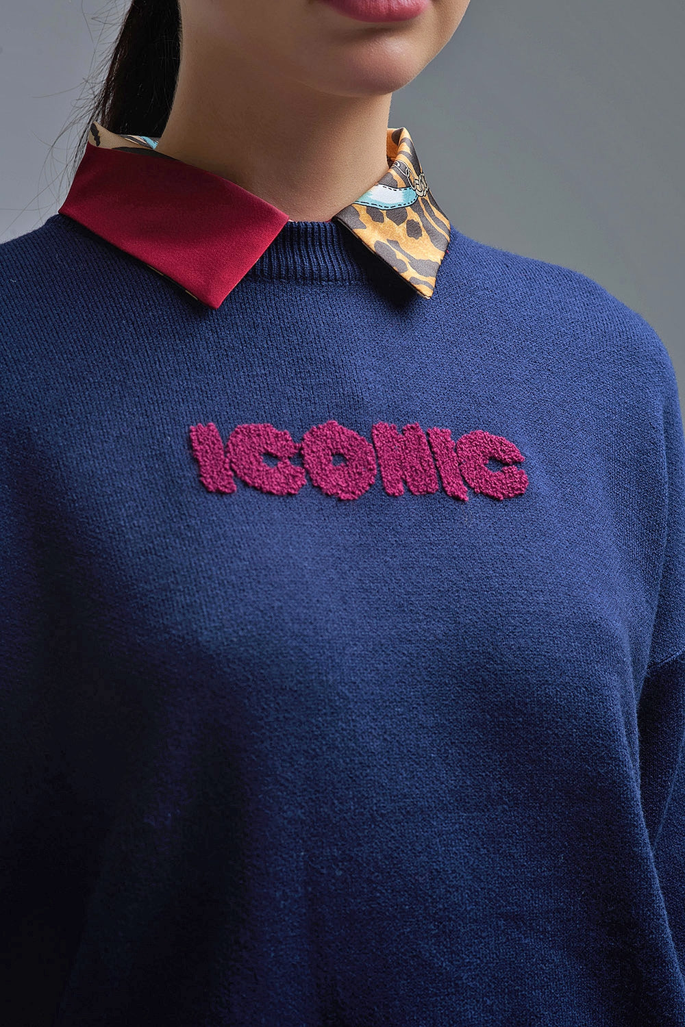 Embroidered ICONIC Sweater with Global Tour Back Print in Navy - Sweaters