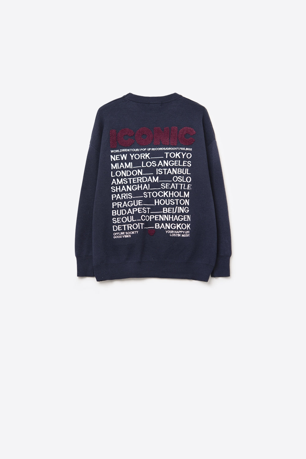 Embroidered ICONIC Sweater with Global Tour Back Print in Navy - Sweaters