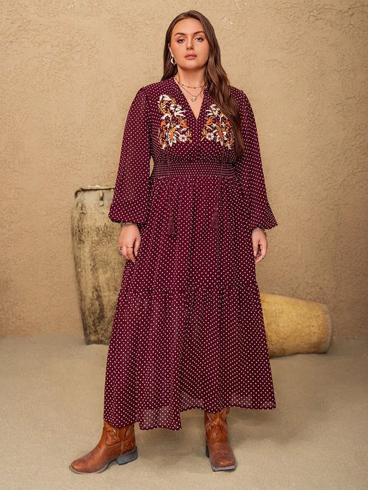 Embroidered Polka Dot Plus Size Dress Burgundy - Dresses