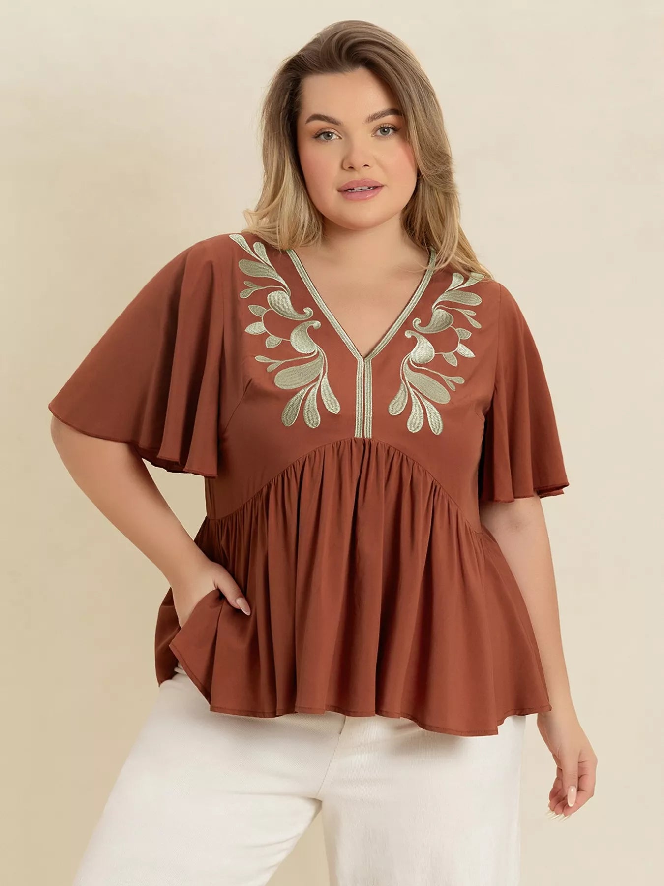 Plus Size Embroidered V-Neck Flutter Sleeve Blouse -
