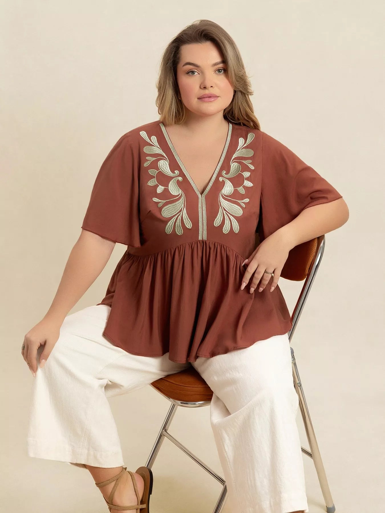 Plus Size Embroidered V-Neck Flutter Sleeve Blouse -