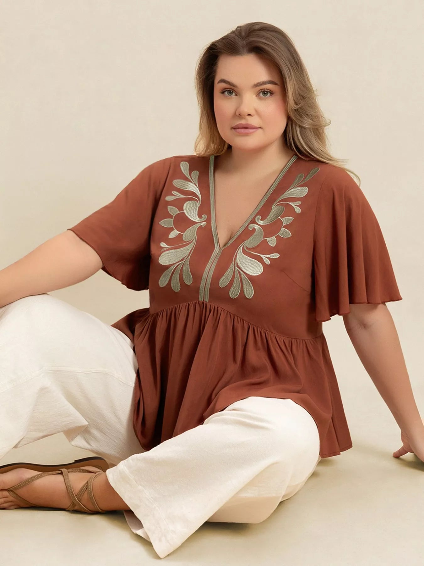 Plus Size Embroidered V-Neck Flutter Sleeve Blouse -