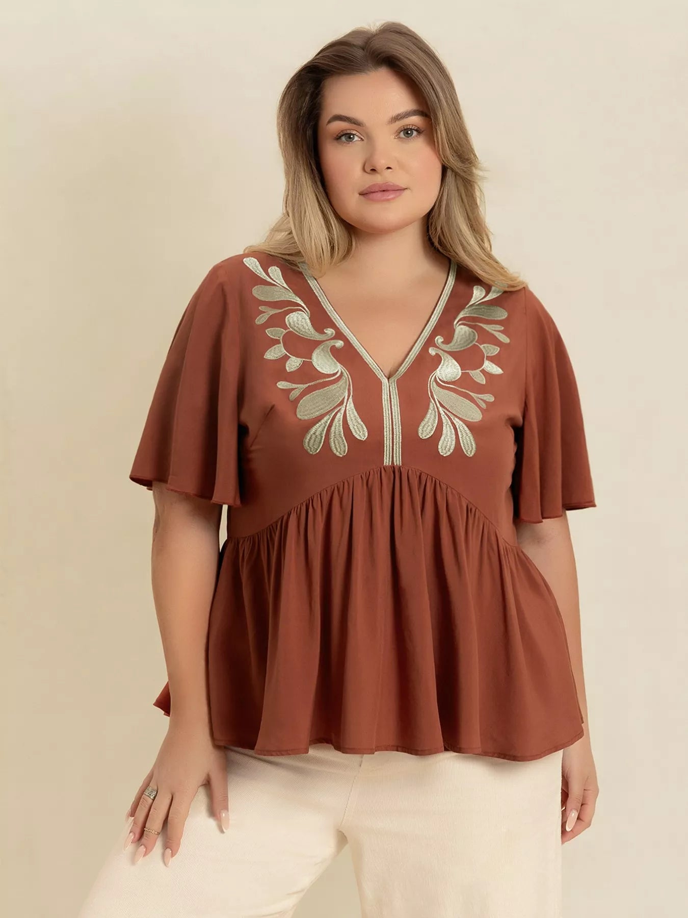 Plus Size Embroidered V-Neck Flutter Sleeve Blouse Caramel -