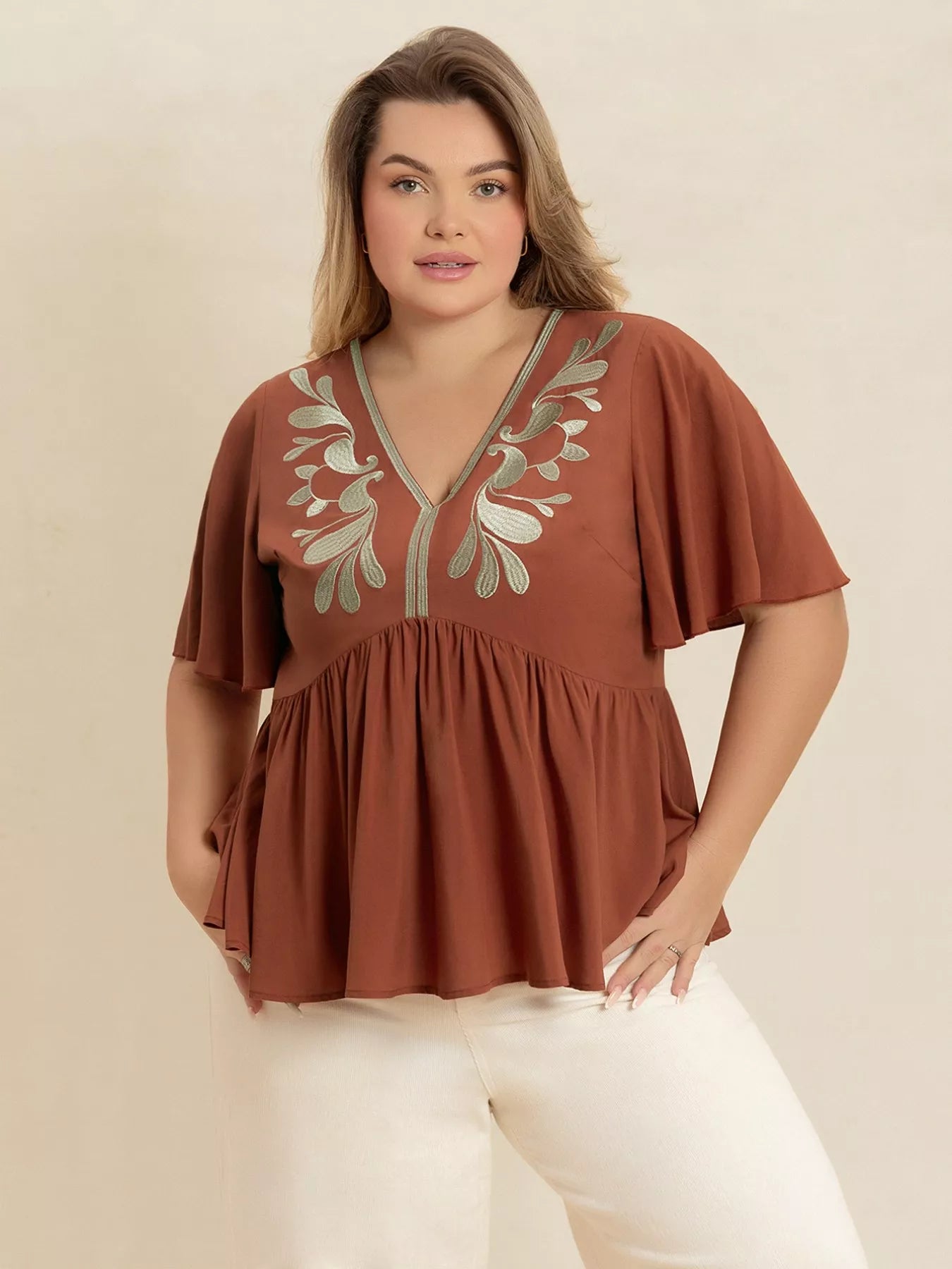 Plus Size Embroidered V-Neck Flutter Sleeve Blouse -