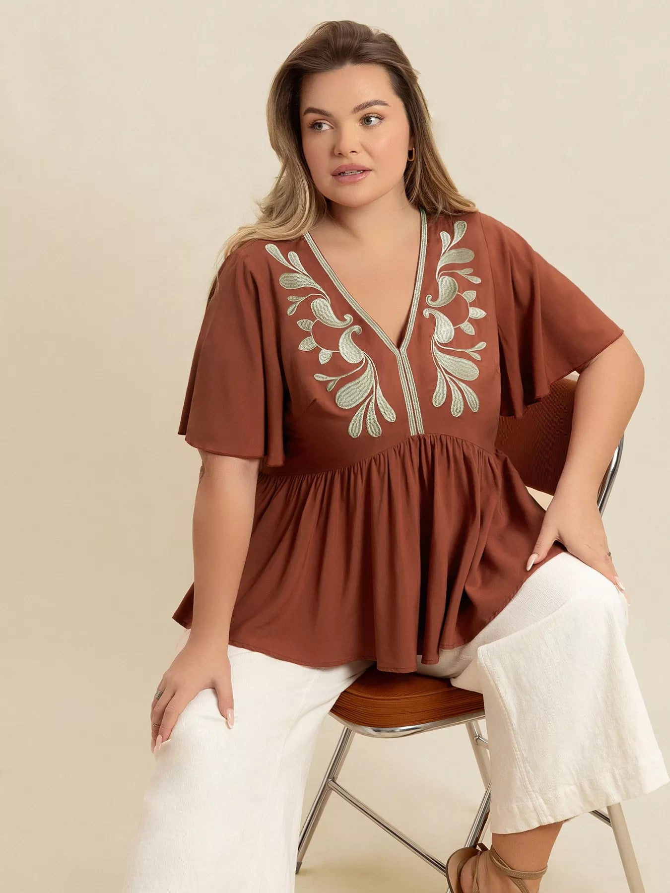 Plus Size Embroidered V-Neck Flutter Sleeve Blouse -