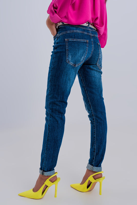 Exposed button ripped boyfriend jean in dark blue - Jeans