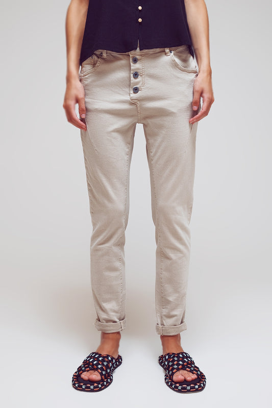 Exposed buttons skinny jeans in beige - Jeans