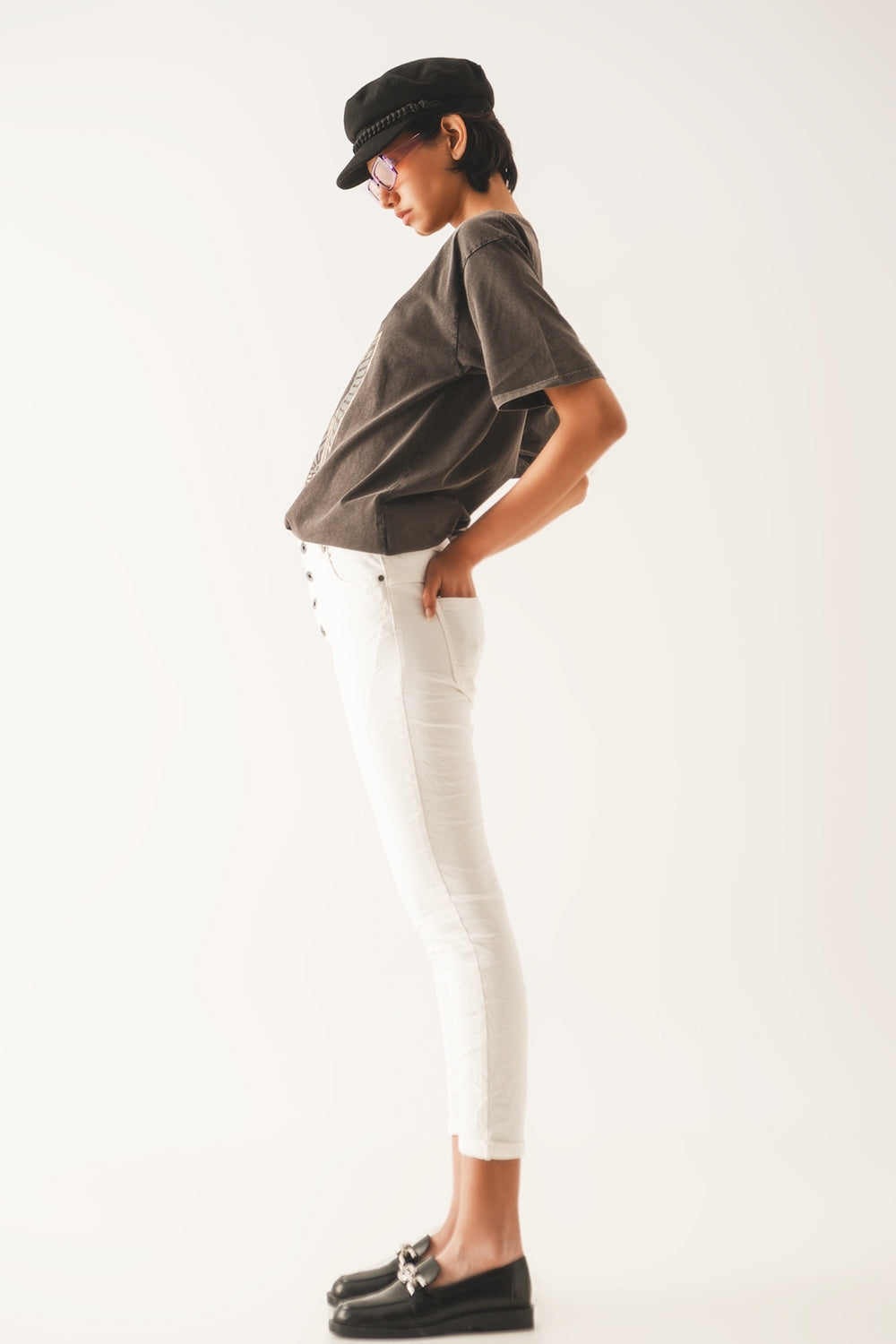 Exposed buttons skinny jeans in cream - Jeans