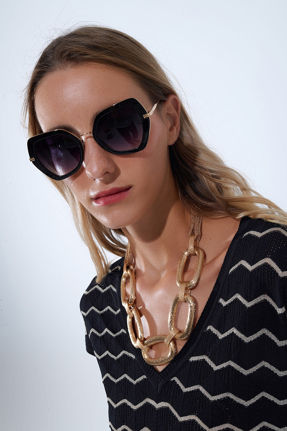 Extra Large Hexagonal Cat Eye Sunglasses in Black -