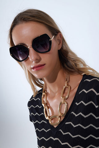Lunettes de soleil œil de chat hexagonales extra larges noires