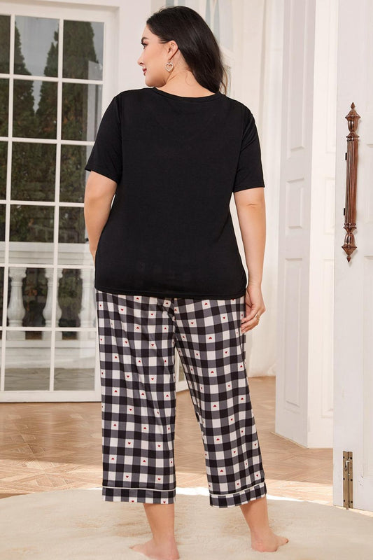 V-Neck Tee and Plaid Cropped Pants Lounge Set - Loungewear