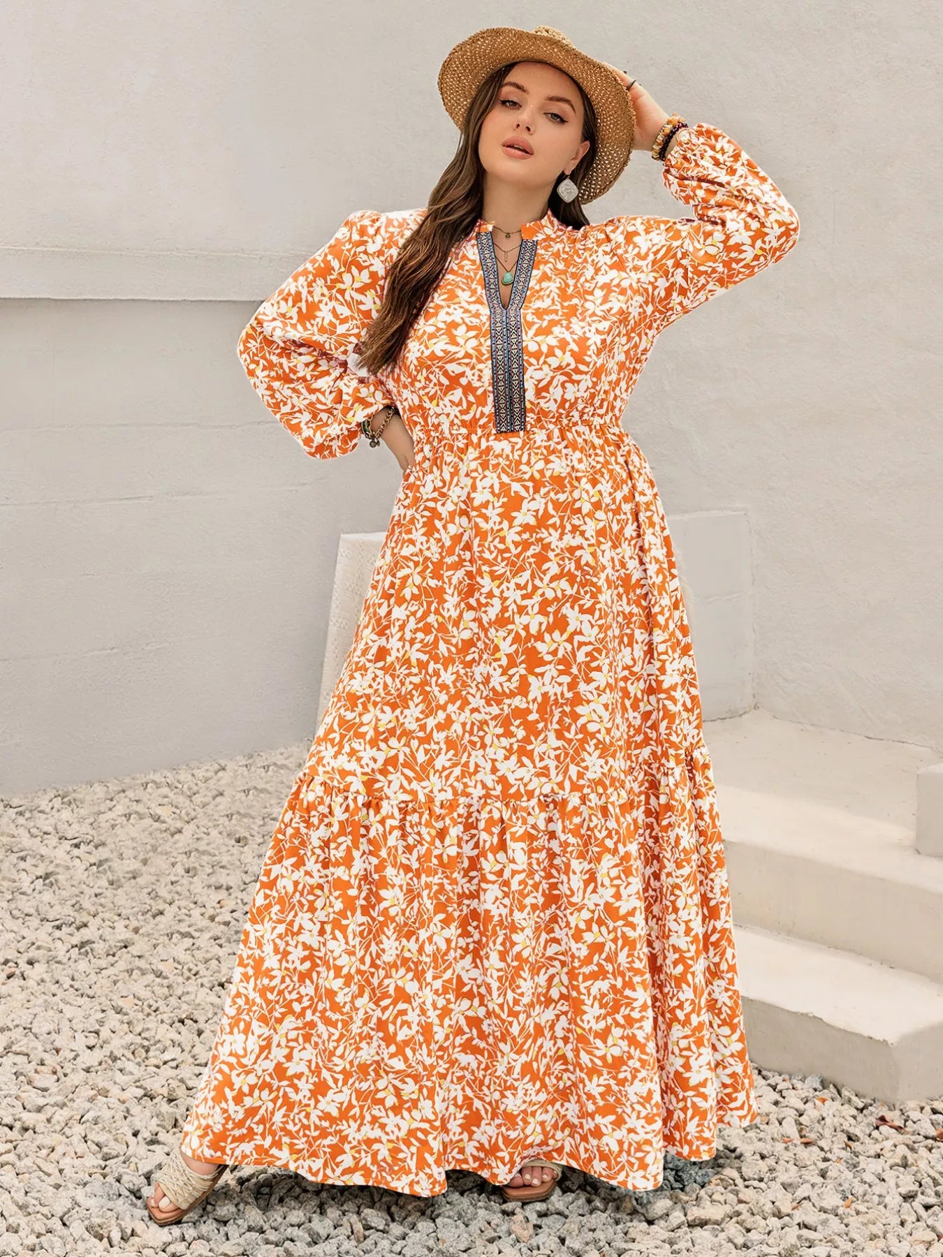 Plus Size Boho Floral Print Maxi Dress Tangerine -