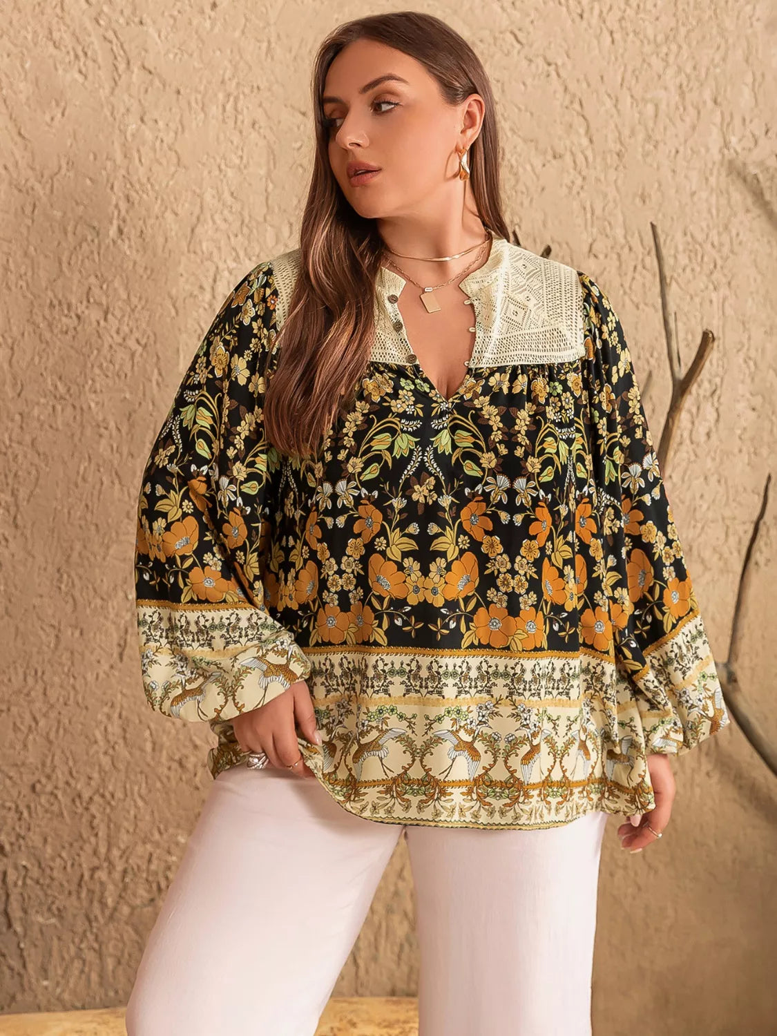 Plus Size Floral Print Notched Blouse -