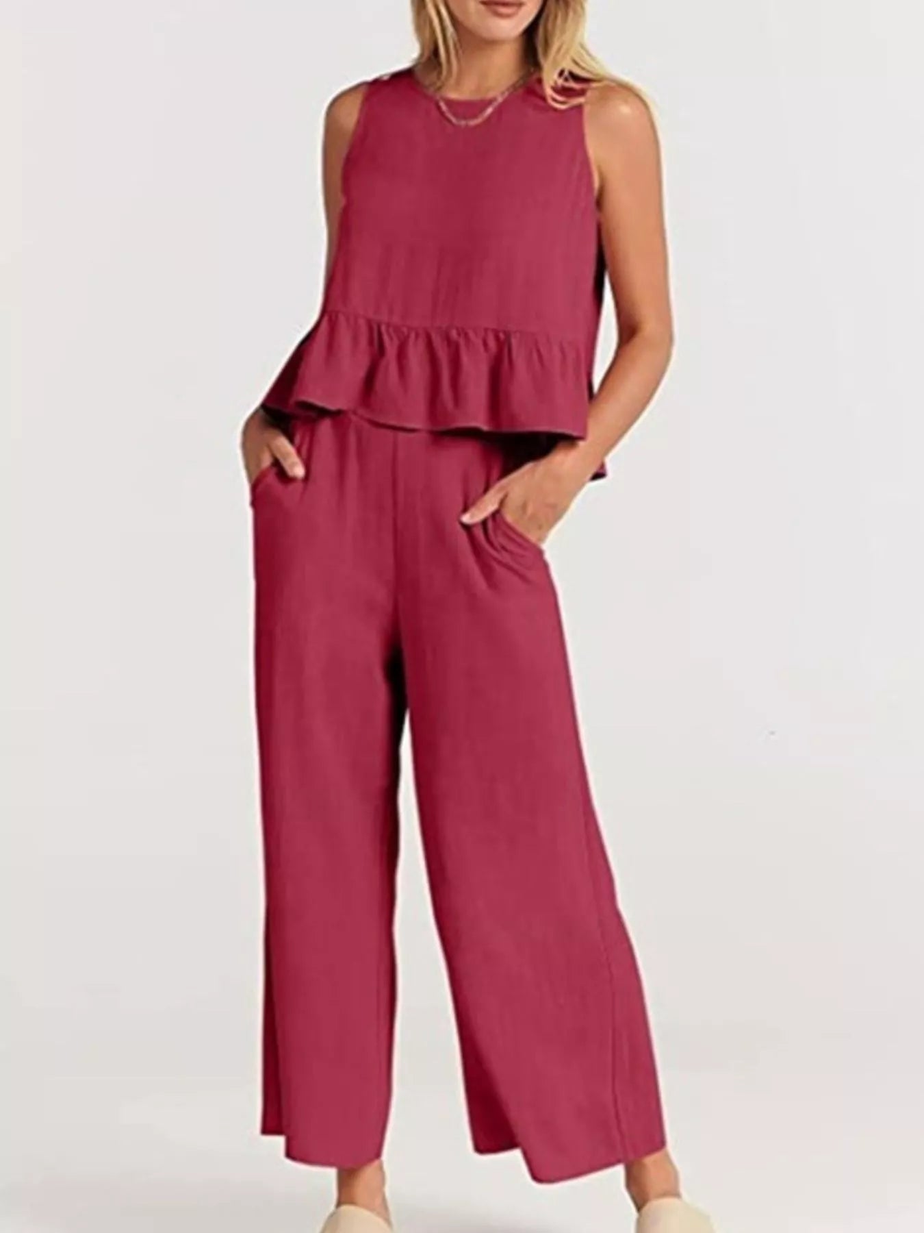 Full Size Ruffled Hem Sleeveless Top and Wide-Leg Pants Set Plus Size Red - Sets