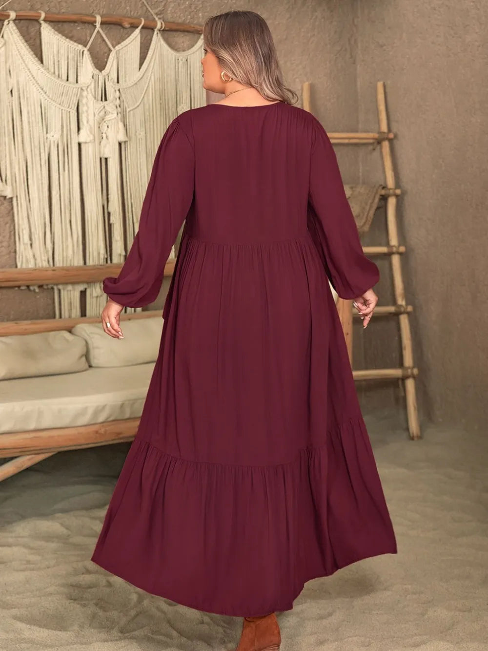 Plus Size Ruffled V-Neck Long Sleeve Dress -