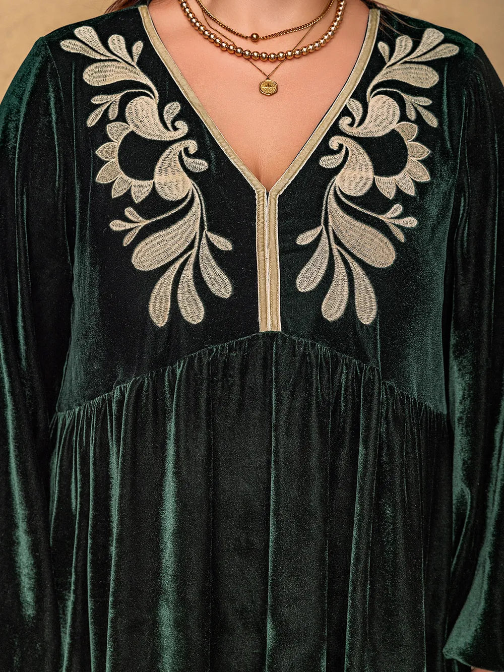 Plus Size Embroidered V-Neck Long Sleeve Dress -