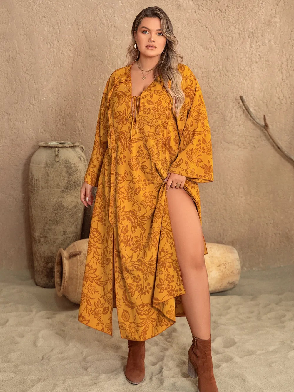 Plus Size Printed Slit Long Sleeve Dress -